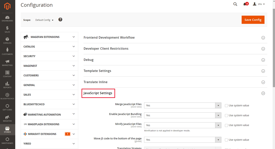 Magento dashboard to minimize JavaScript files